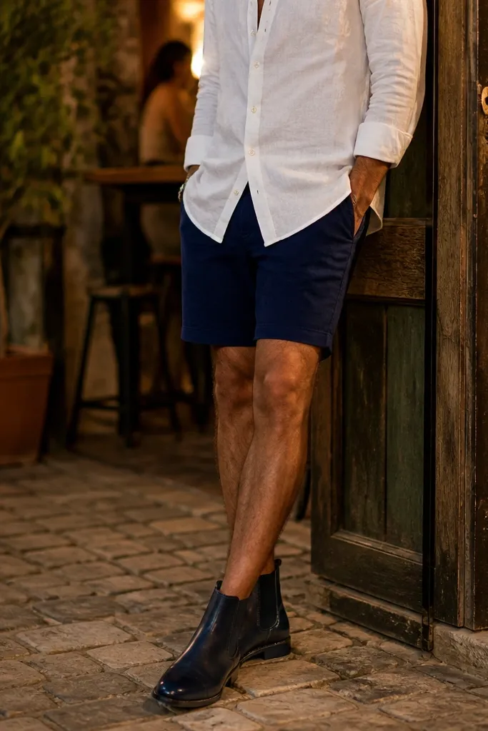 A man wearing a white linen button-up shirt worn open over a white tee, navy tailored shorts, and a watch. Blue Chelsea boots are visible above the socks.