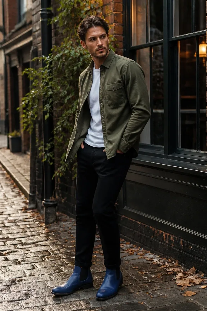 A man wearing an olive overshirt layered over a black tee, black tapered jeans, and a dark scarf. Smooth blue Chelsea boots have a subtle shine.