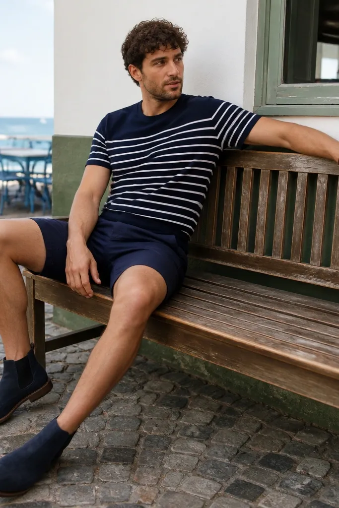 A man wearing a white-and-navy striped Breton tee, navy chino shorts, and a light jacket. Blue suede Chelsea boots are paired with thin navy socks.