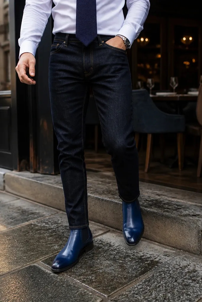 A man in a white dress shirt with a navy knit tie, dark jeans, and a blazer. Blue leather Chelsea boots look polished and dressy.