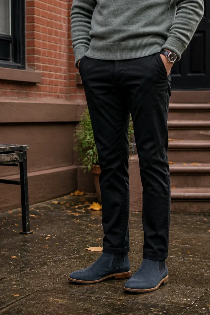 A man wearing a stone-colored crewneck sweater, black chinos, and a dark coat. Blue suede Chelsea boots appear soft and slightly textured.