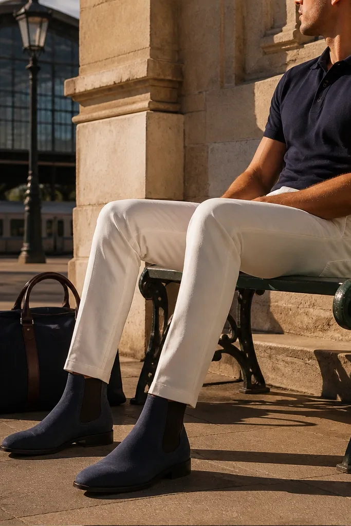 A man wearing a navy short-sleeve polo shirt, white tapered pants, and a light jacket. Blue Chelsea boots in suede are visible with a small break at the ankle.