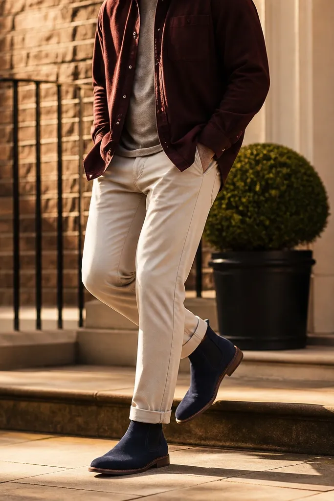A man wearing a burgundy overshirt over a white tee, cream chinos, and a dark watch. Blue suede Chelsea boots sit under the chinos with a neat break.