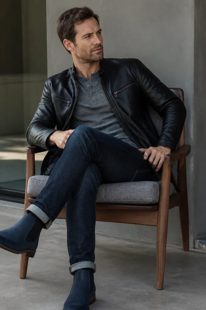A man wearing a black leather jacket, a grey henley shirt, dark wash jeans, and blue Chelsea boots. The boots look smooth and slightly glossy.