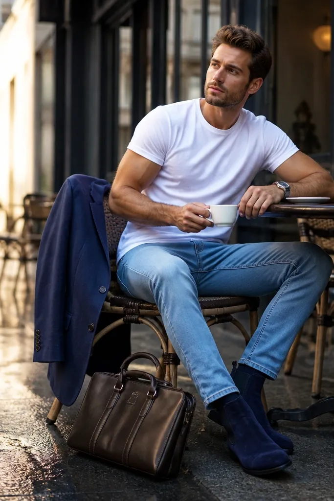 A man in a navy blazer over a plain white tee, light blue jeans, and a brown belt. Blue Chelsea boots are suede and show a soft matte texture.