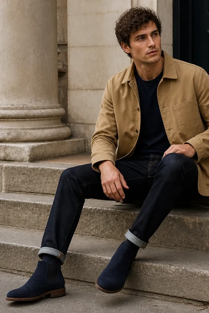 A man wearing a khaki chore jacket over a navy tee, dark denim jeans, and a simple watch. Blue Chelsea boots in suede are visible under the denim.