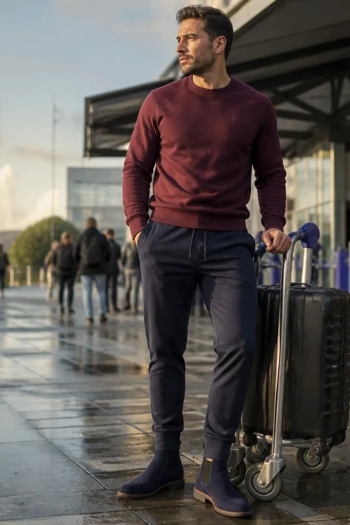 A man in a burgundy crew sweatshirt, navy joggers with tapered cuffs, and a light jacket. He wears blue suede Chelsea boots with socks that match the joggers.