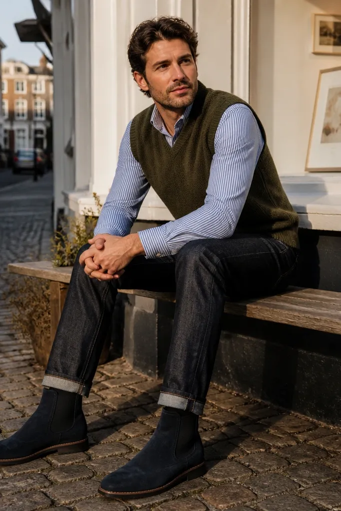 A man wearing a blue-and-white striped button-down, an olive knit vest, dark jeans, and a wristwatch. Blue Chelsea boots are suede with visible grain.