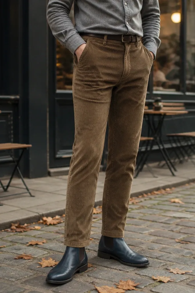 A man wearing a grey flannel button-up, brown corduroy pants, and a dark coat. Blue leather Chelsea boots have a smoother shine compared to suede.