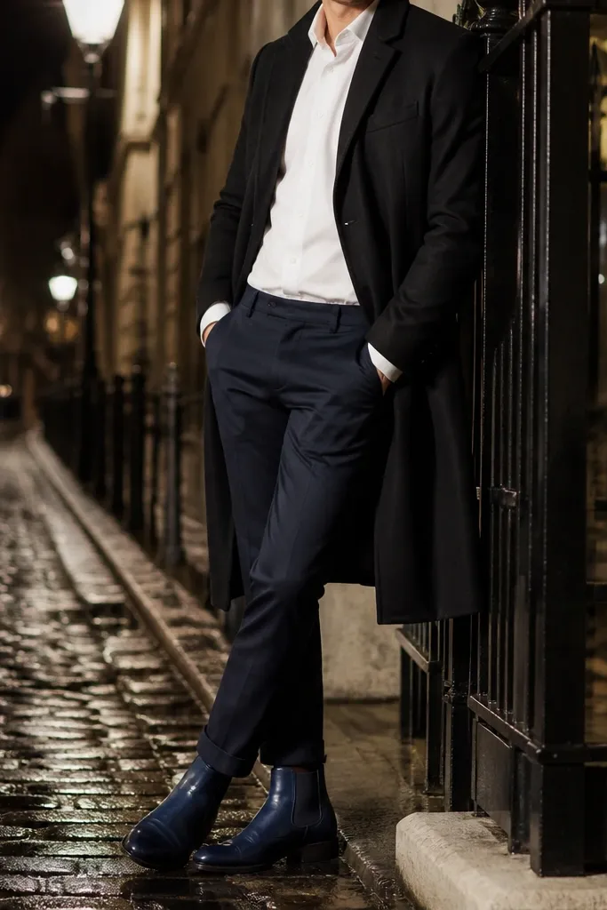 A man in a black overcoat over a white button-down, navy chinos, and a dark belt. Blue Chelsea boots are smooth and clean, with minimal creasing.