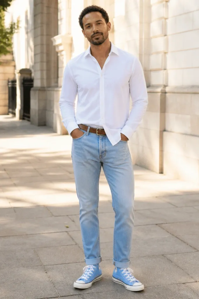 Light blue Converse with white shirt and light wash jeans