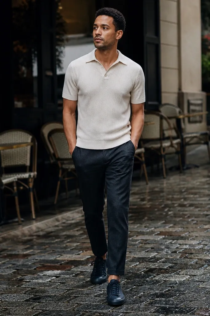 Navy Converse with charcoal pants and a cream knit polo
