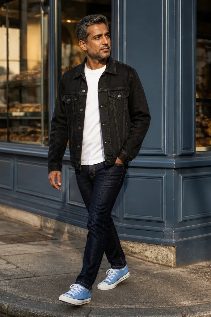 Powder blue Converse with black denim jacket and white tee