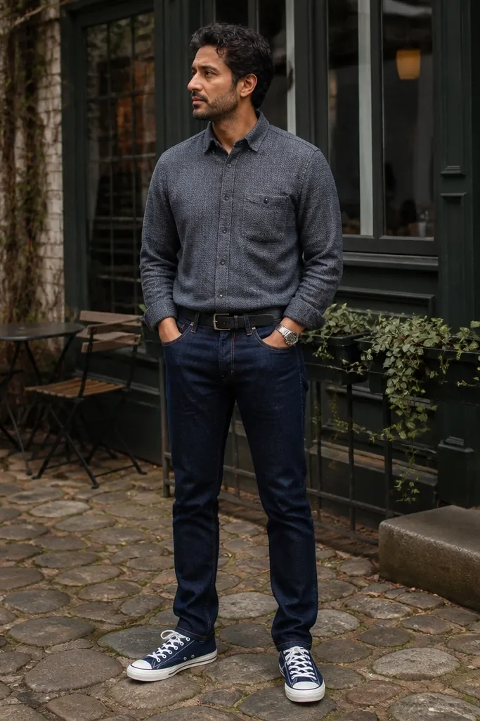Blue Converse with grey flannel shirt and dark jeans