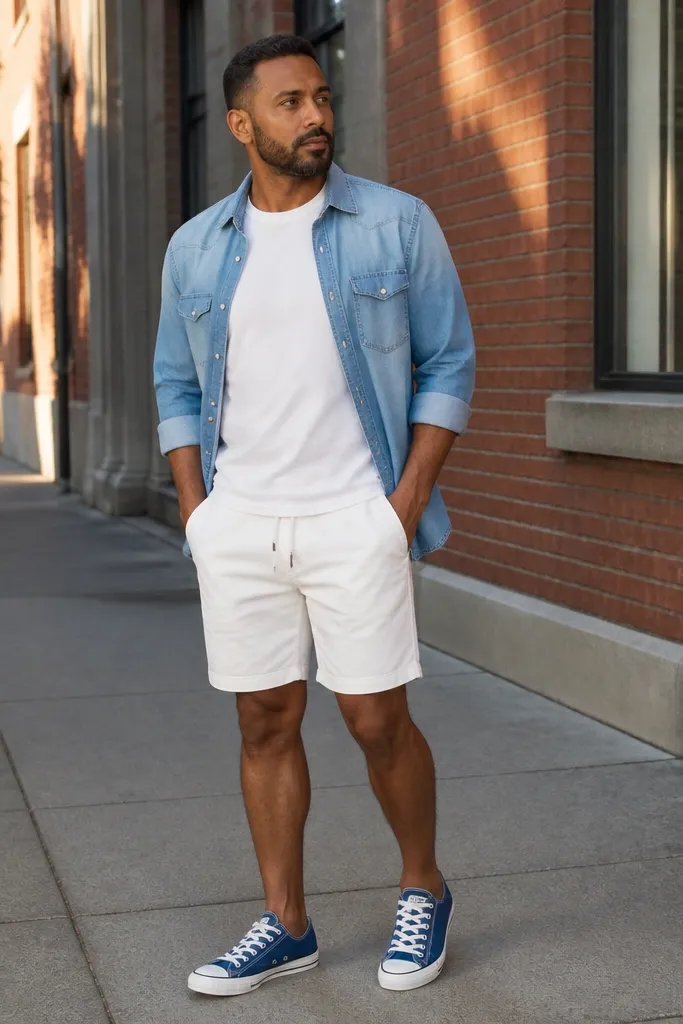 Blue Converse with white drawstring shorts and denim shirt