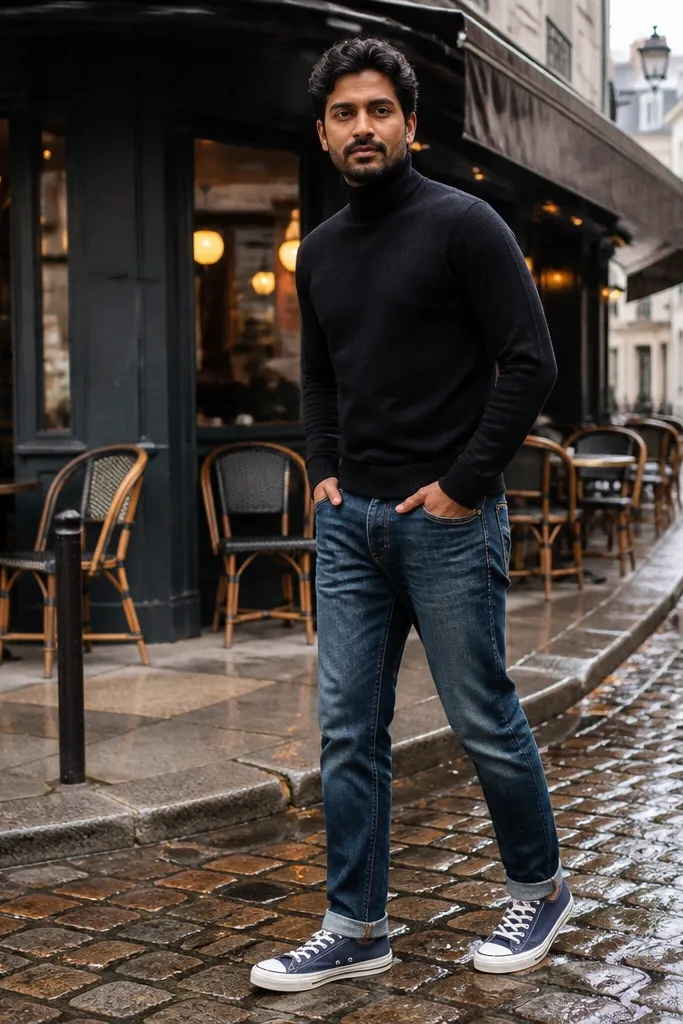 Navy Converse with black turtleneck and washed indigo jeans