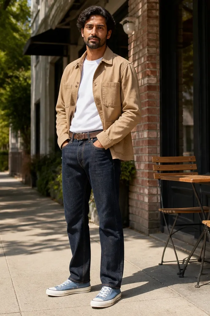 Sky blue Converse with beige chore jacket and white t-shirt