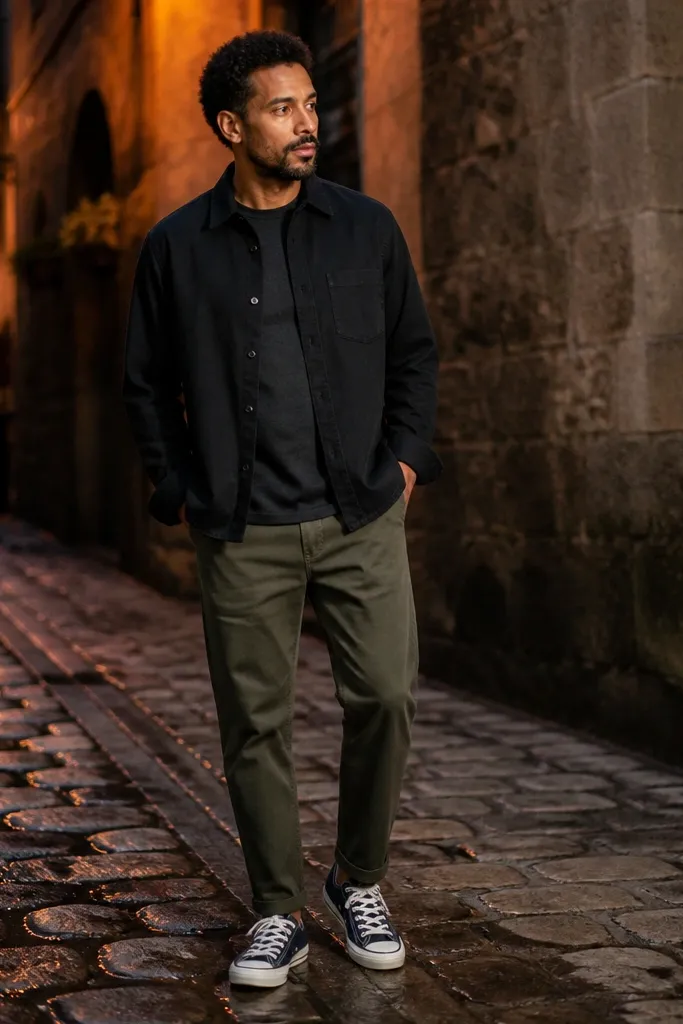 Darker blue Converse with black overshirt and olive trousers