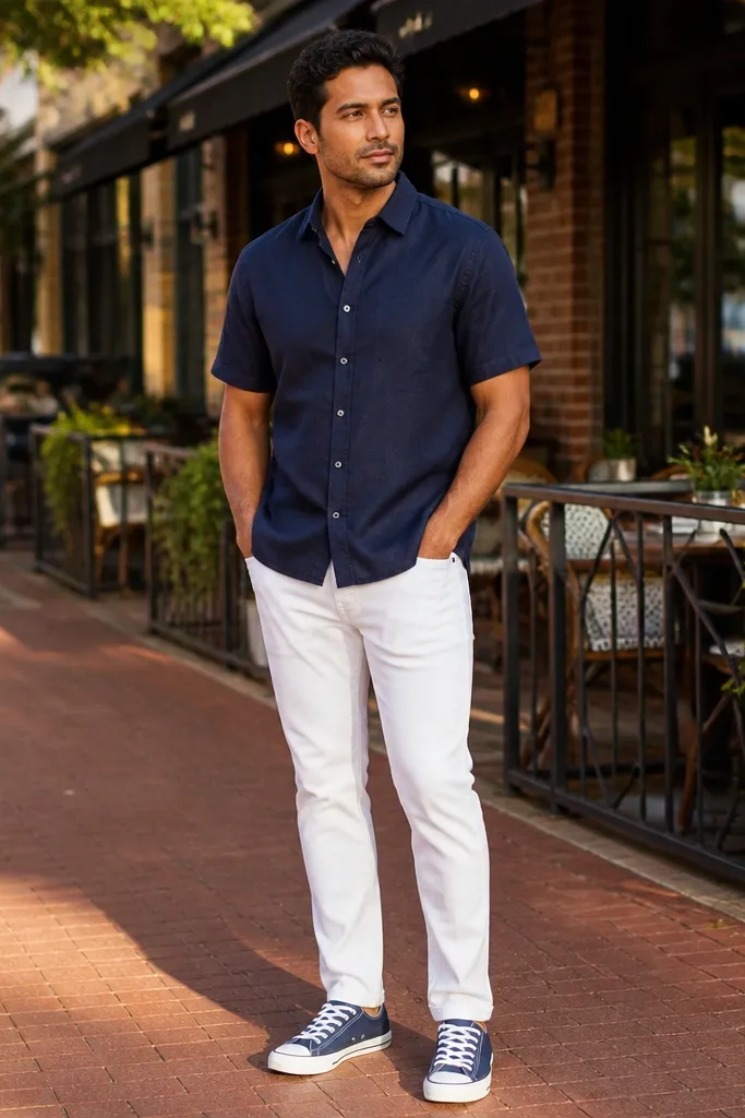 Blue Converse with white jeans and navy short-sleeve button-down