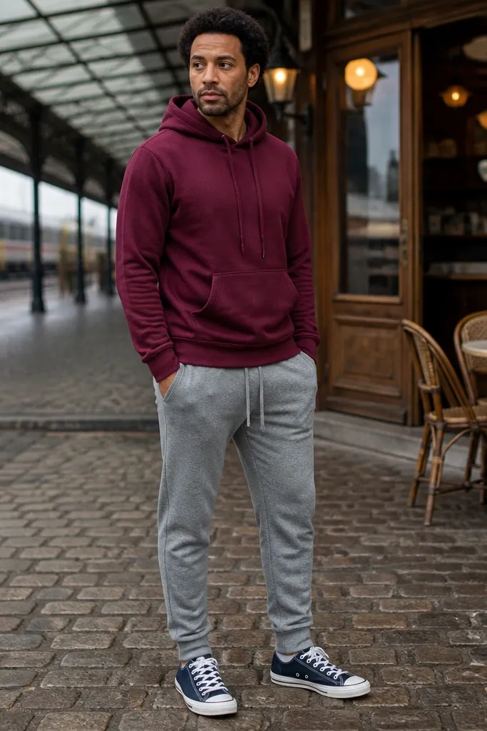 Navy Converse with burgundy hoodie and grey joggers