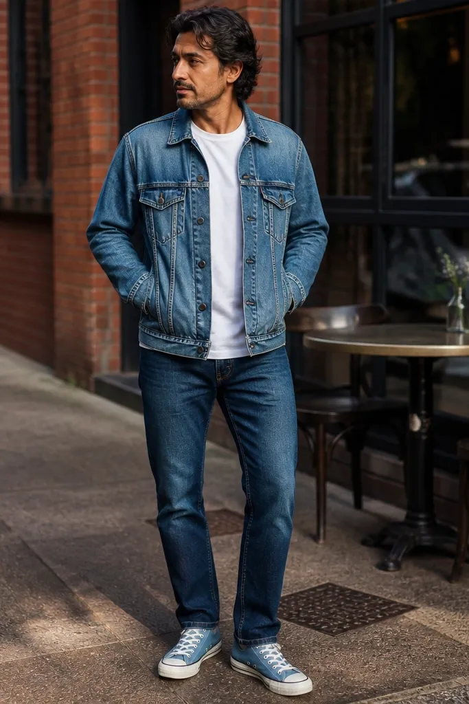 Light blue Converse with denim jacket over white tee and blue jeans