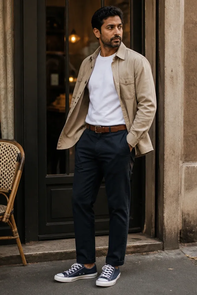 Navy Converse with beige overshirt and dark navy chinos