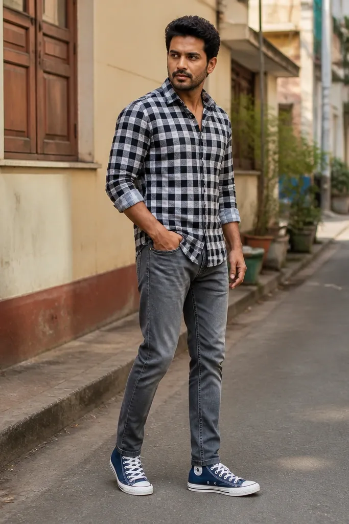 Blue Converse with grey jeans and black and white check shirt