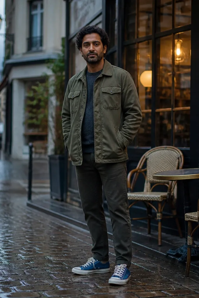 Darker blue Converse with olive field jacket and dark olive jeans