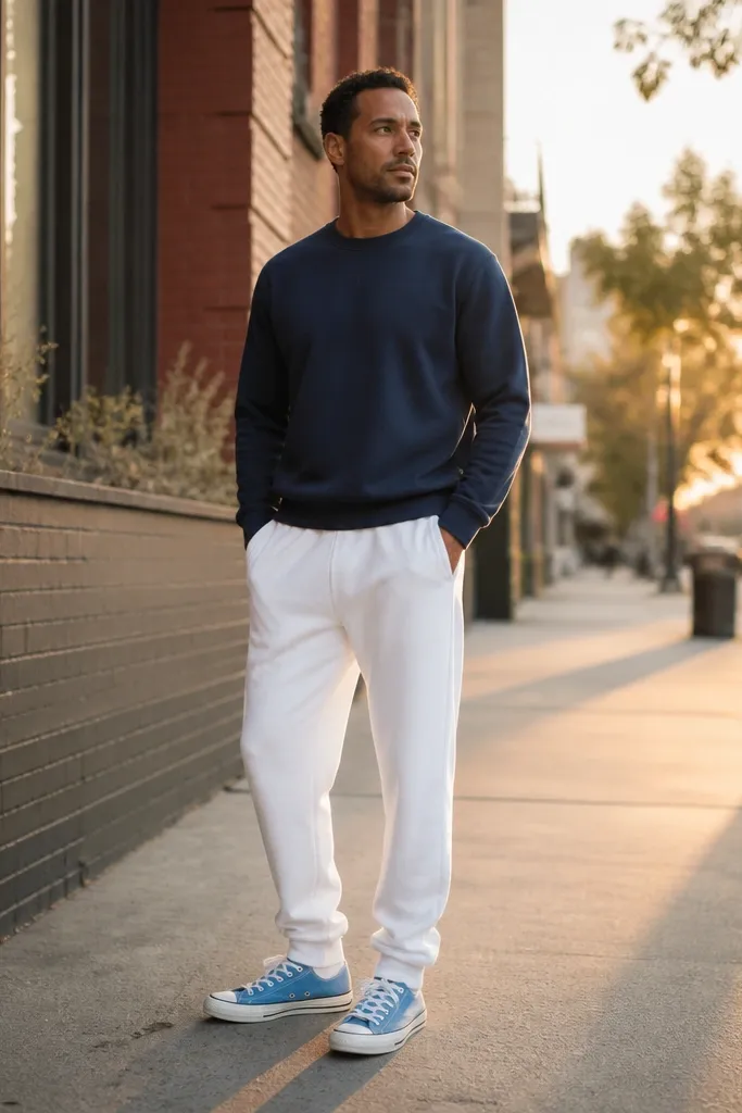 Light blue Converse with white sweatpants and navy crewneck