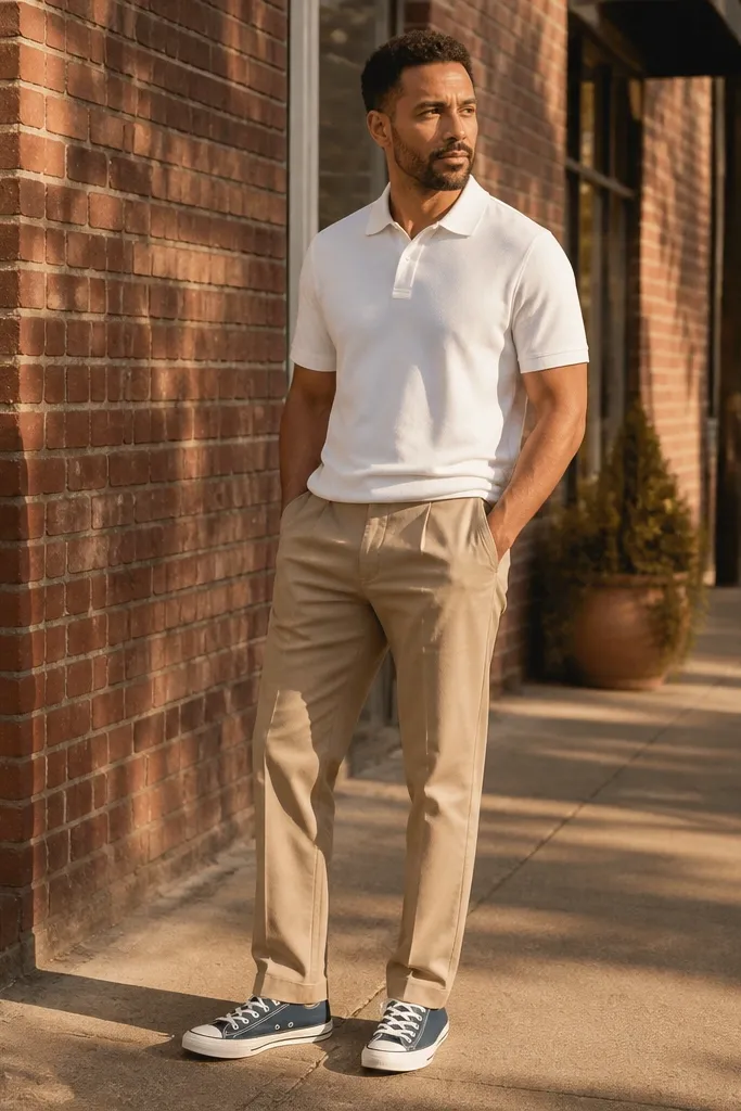 Navy Converse with tan chinos and white short-sleeve polo