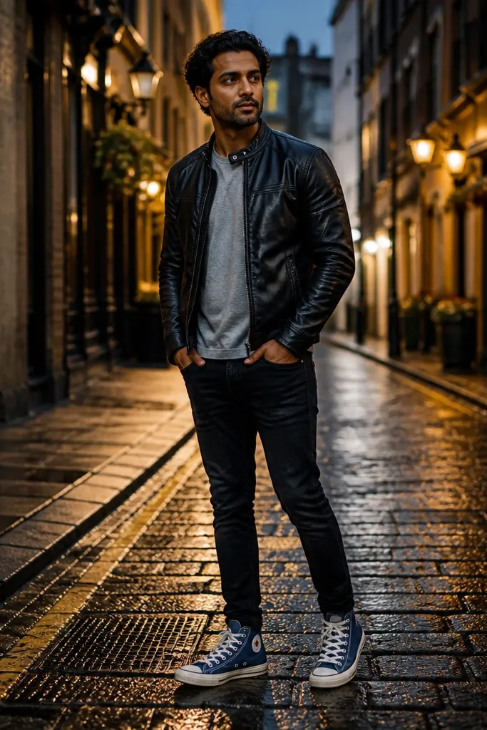 Blue Converse with black leather jacket and grey t-shirt