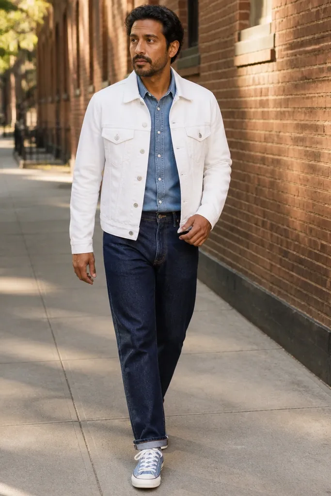 Light blue Converse with white denim jacket and blue chambray shirt