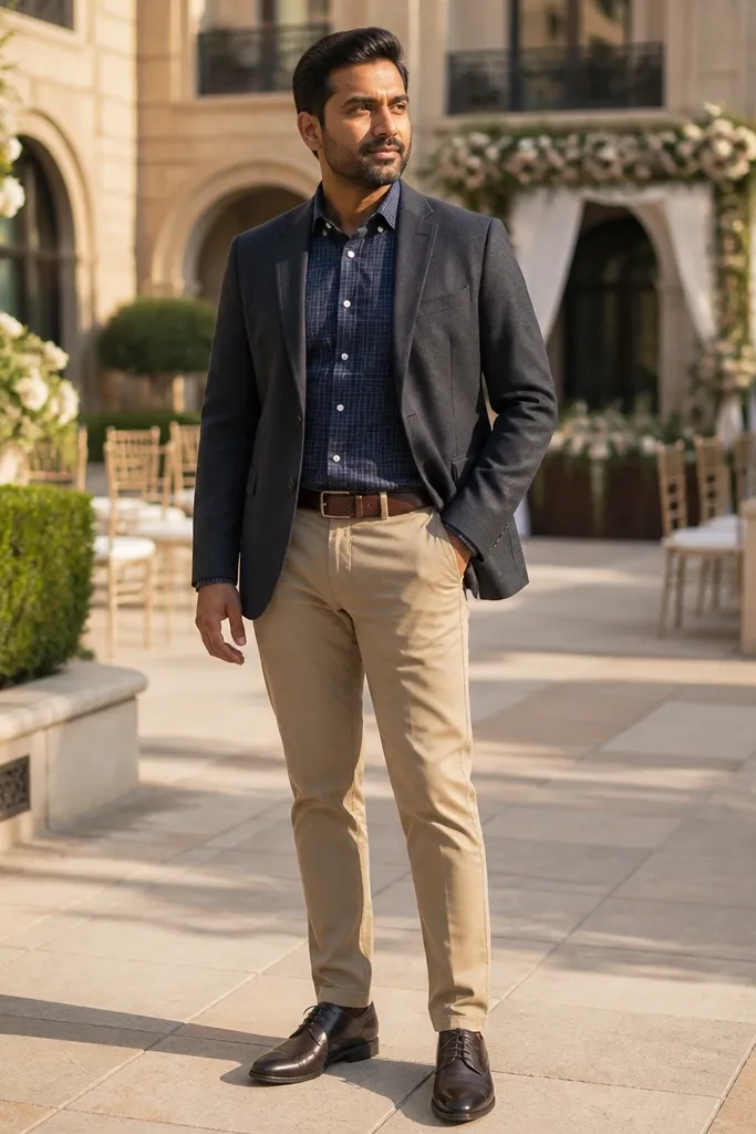 Navy blue flannel under a charcoal blazer with tan chinos and brown boots