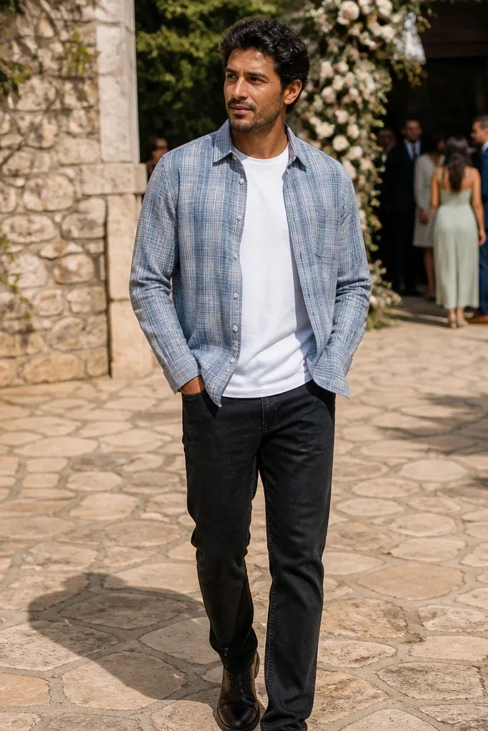 Powder blue flannel overshirt over a white tee with dark jeans and white sneakers