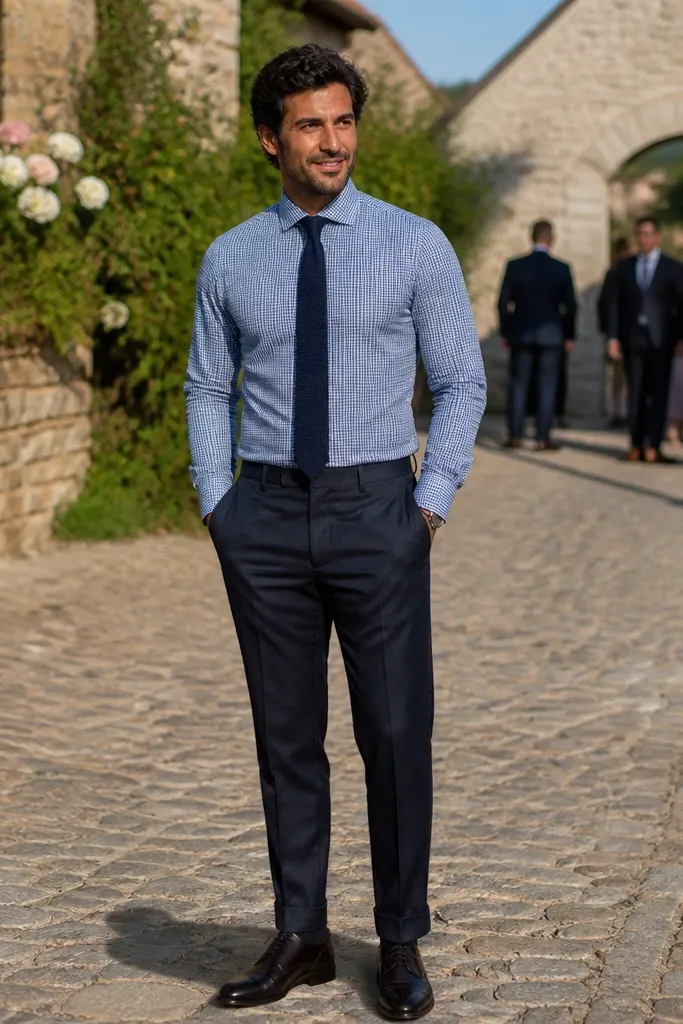 Light blue flannel with a knit tie and navy trousers