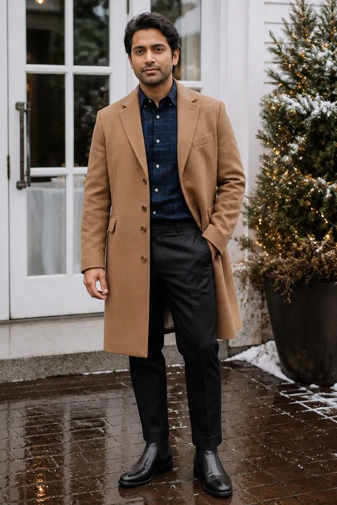 Blue flannel shirt under a camel overcoat with black leather boots