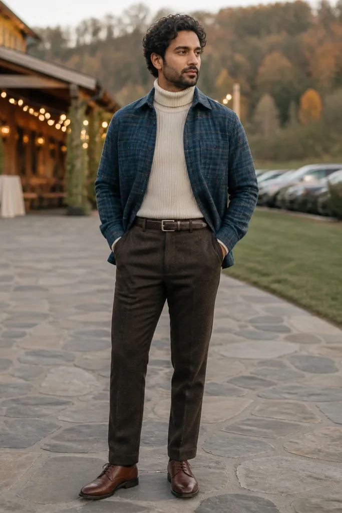 Teal-blue flannel layered over a cream turtleneck with dark brown trousers