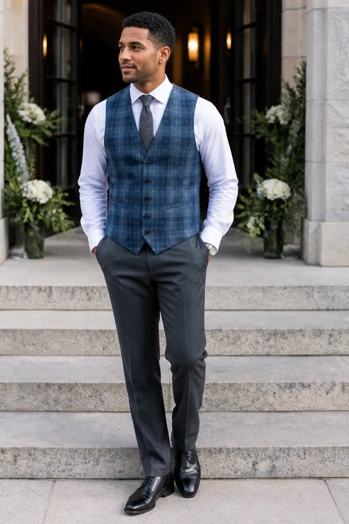 Blue plaid flannel vest over a white shirt with gray trousers and brown loafers
