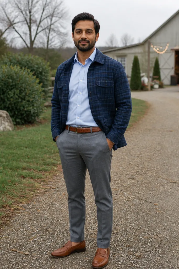 Navy flannel worn over a light blue dress shirt with brown loafers