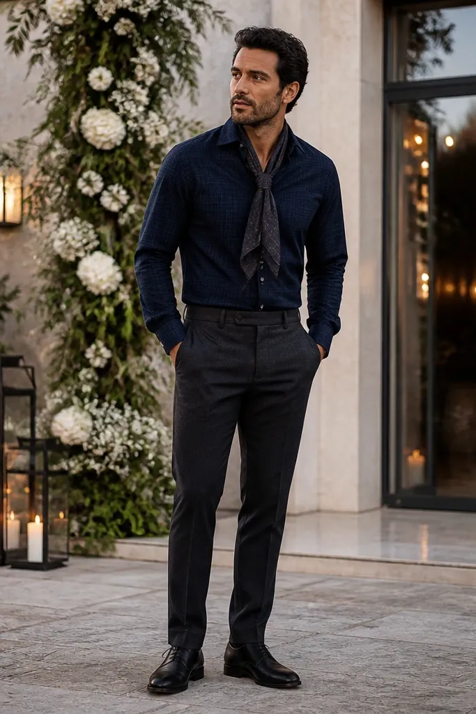 Blue flannel with a silk scarf and charcoal trousers