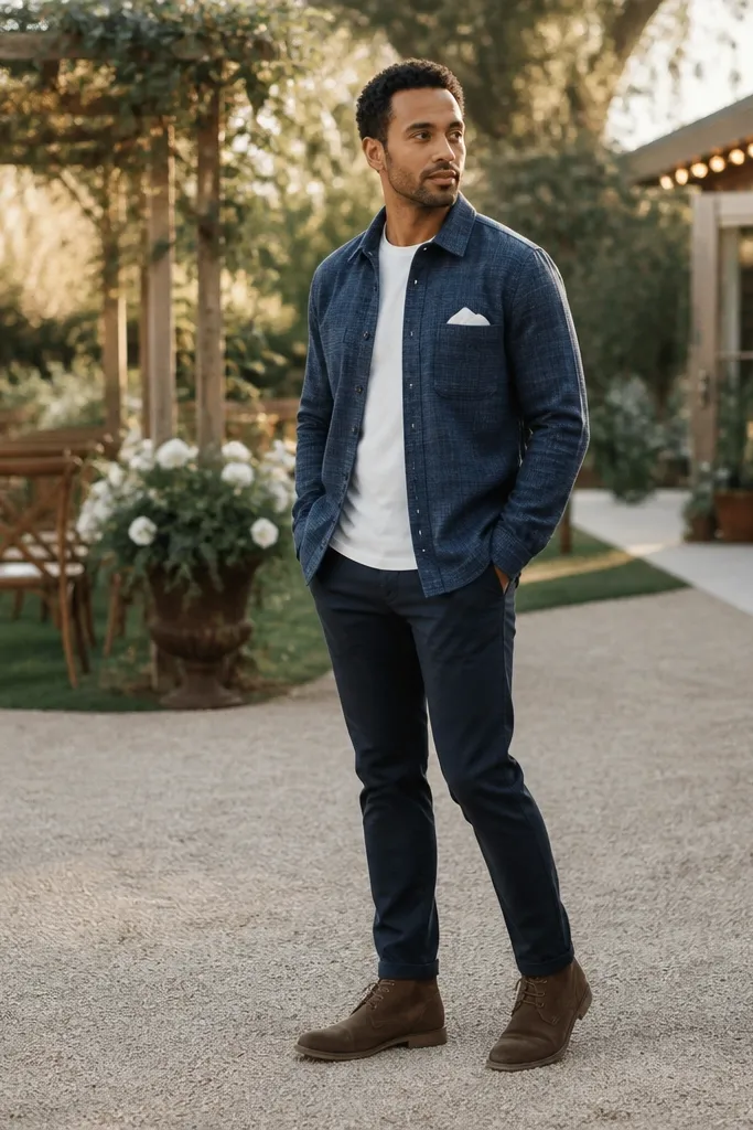 Blue flannel overshirt with navy chinos and a white pocket square