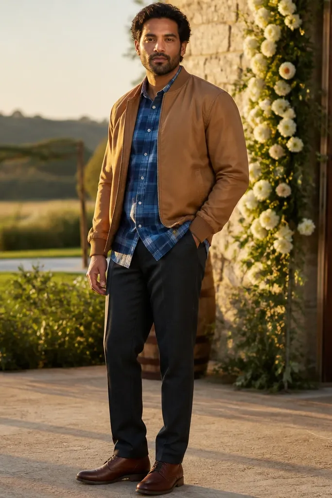 Blue flannel with a tan bomber jacket and dark slacks