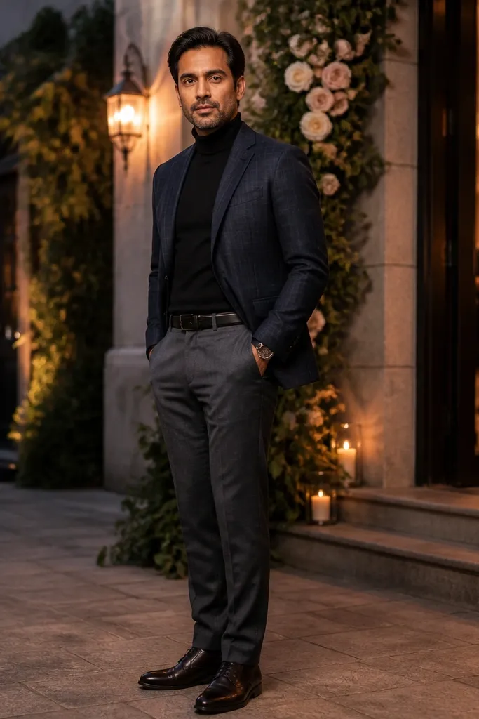 Midnight blue flannel over a black turtleneck with gray wool trousers