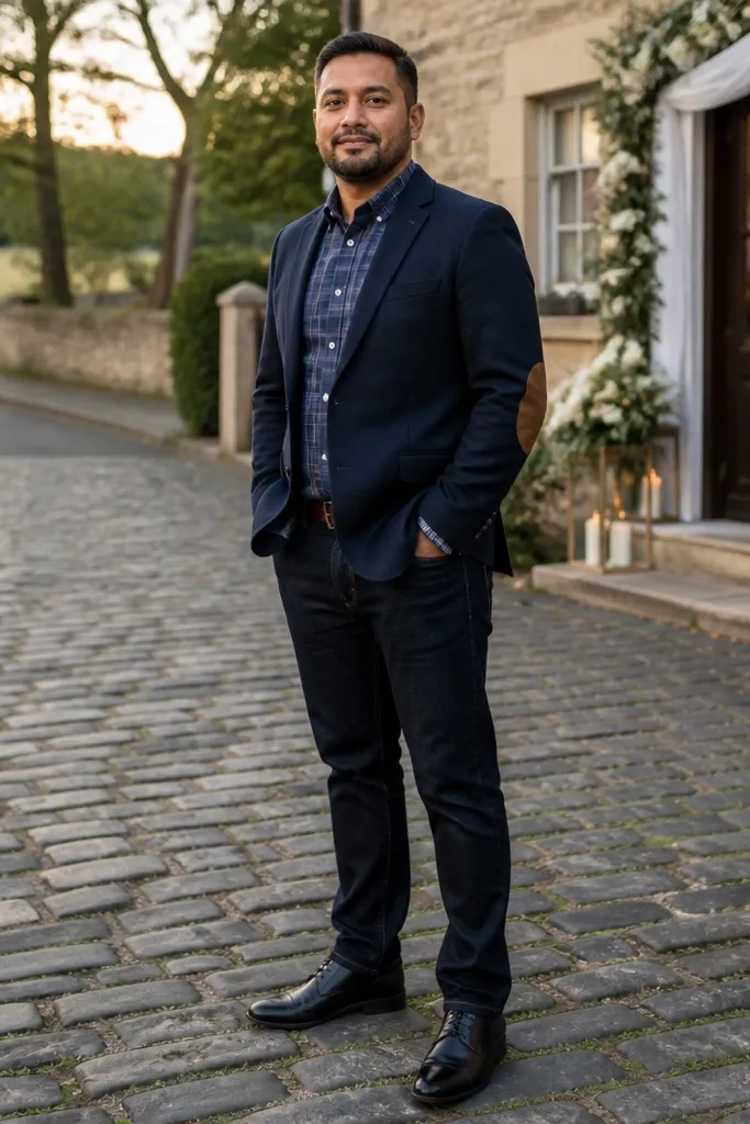 Blue flannel under a navy blazer with elbow patches and dark jeans