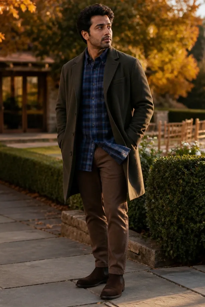 Blue flannel with an olive overcoat and brown chinos and suede boots