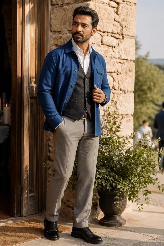 Blue flannel with a gray vest over a white shirt and black shoes
