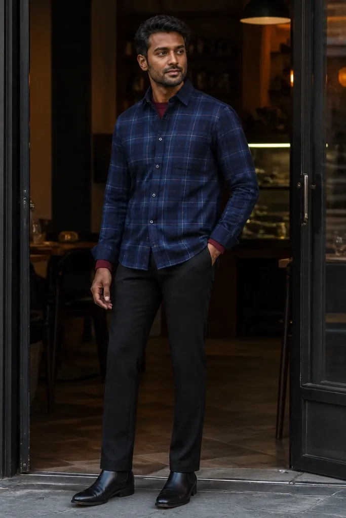 Blue flannel layered with a burgundy sweater and black trousers