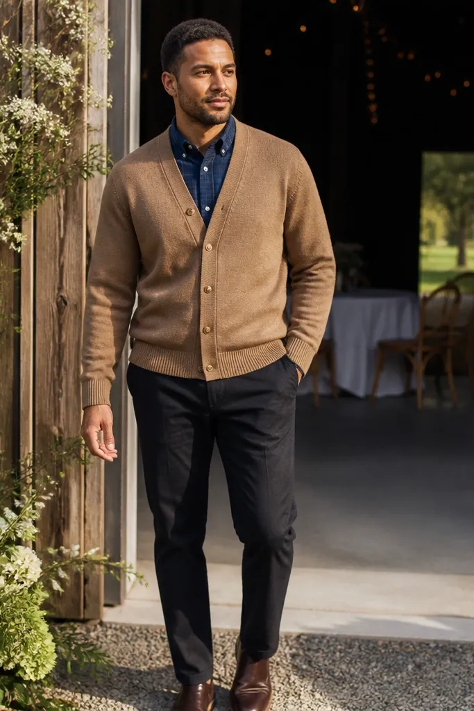 Blue flannel with a tan cardigan and dark trousers