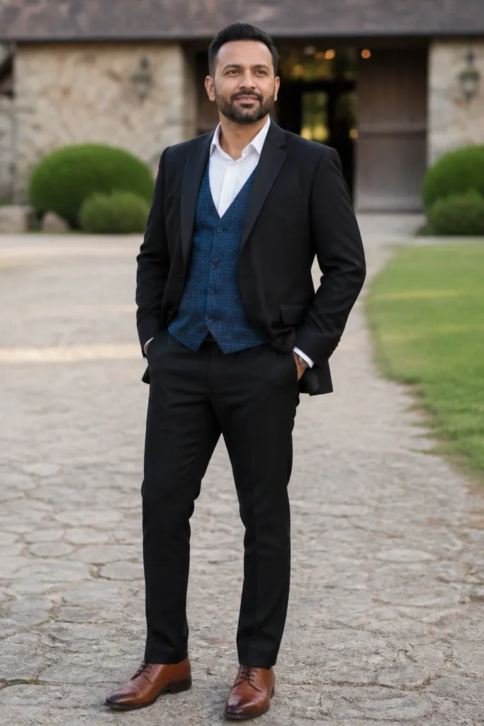 Blue flannel under a black blazer with a white shirt and brown shoes