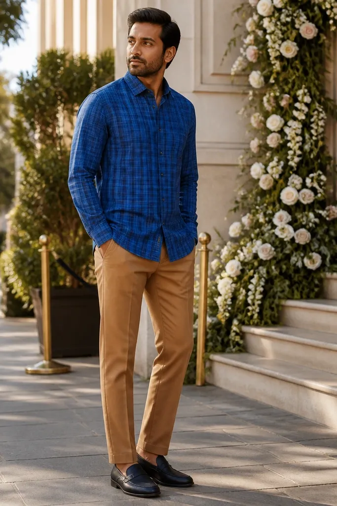 Blue flannel with camel chinos and navy loafers